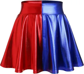 ABAFIP Women's Shiny Pleated Mini Skirt High Waisted Flared A-Line Short Rave Skater Skirts