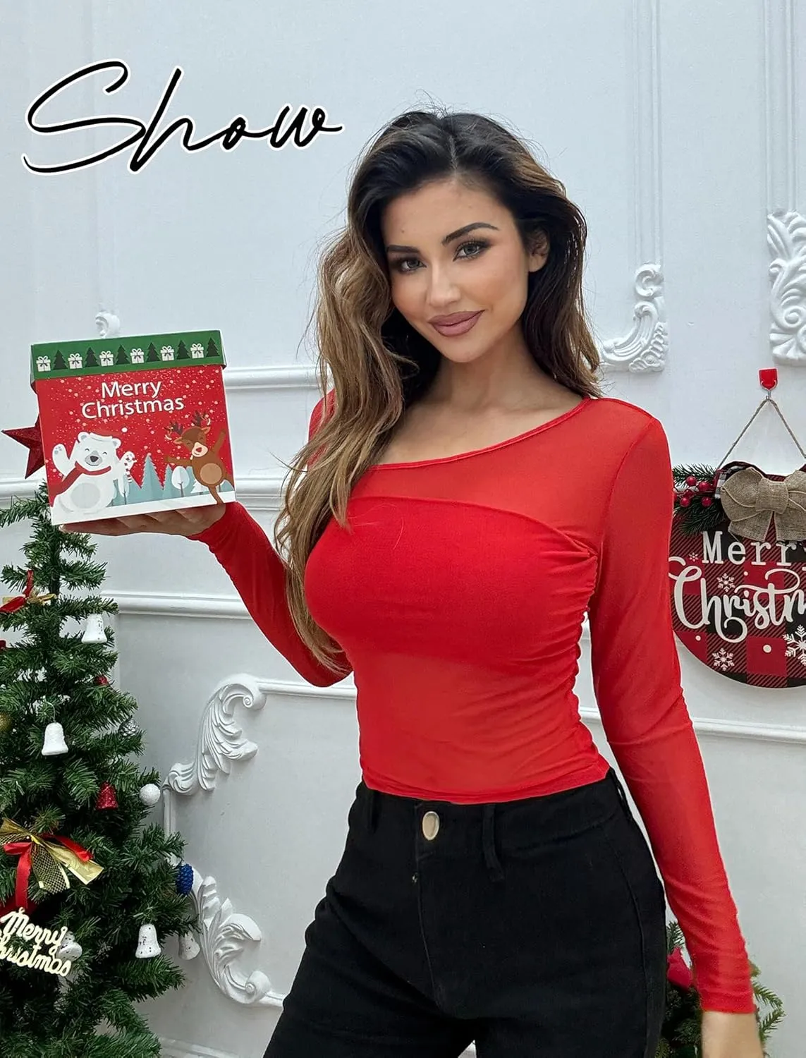 Avidlove Mesh Top Women Sexy Long Sleeve Asymmetrical Neck Sheer Fitted Halloween Crop Top y2k