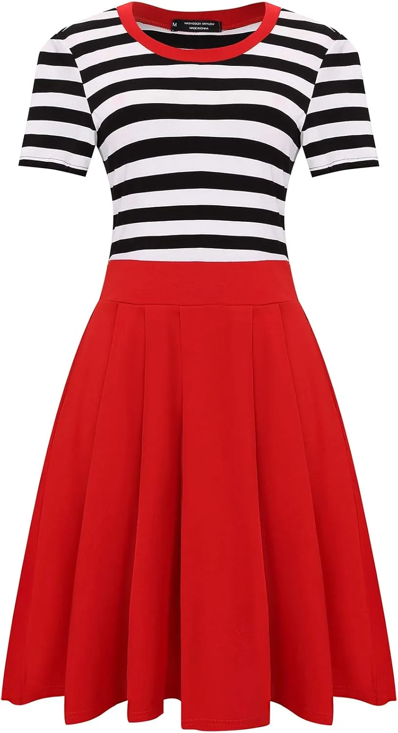 BI.TENCON Women's Striped Pleated Casual A-Line Dresses Knee Length with Pockets
