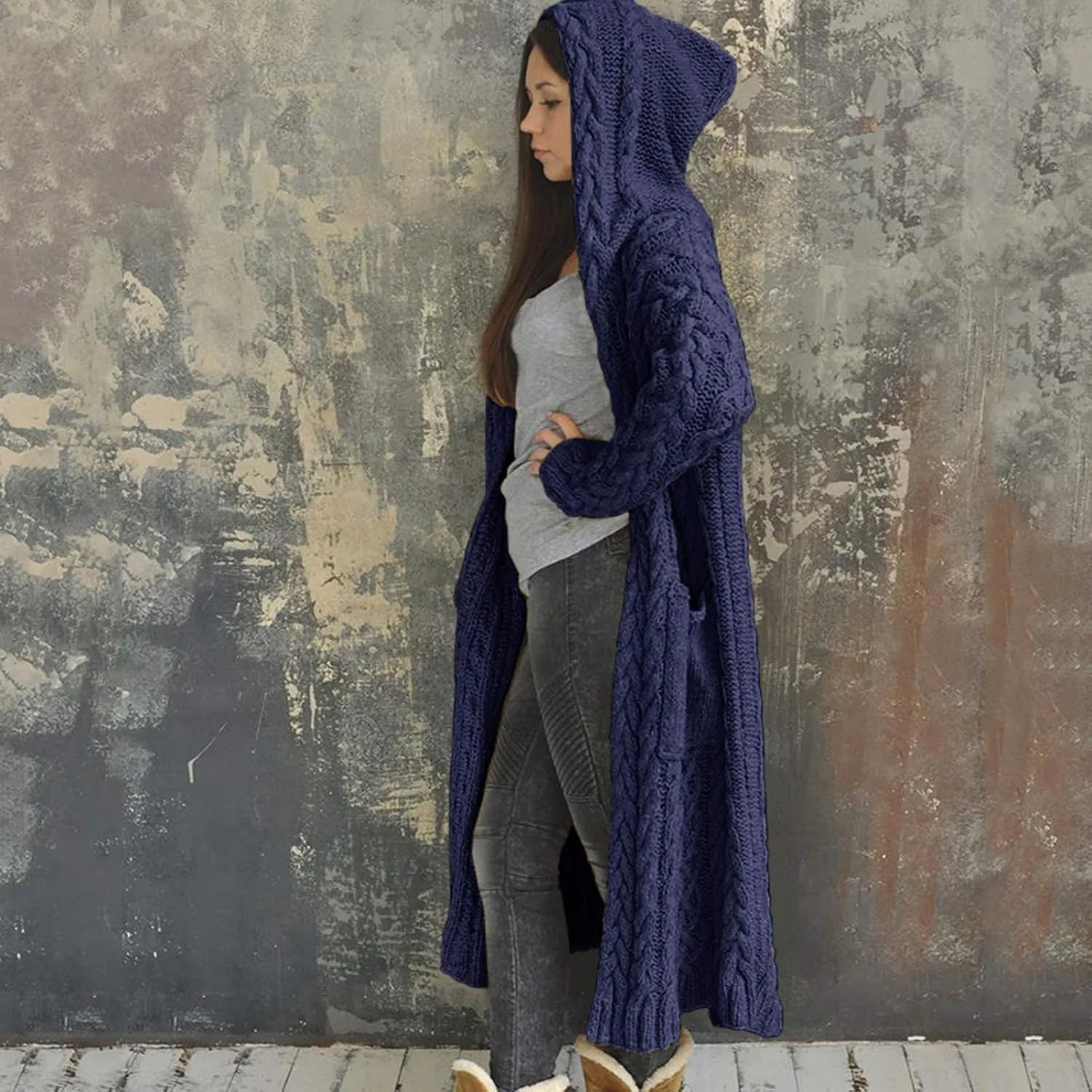 Cable Knit Long Sleeve Hooded Cardigan Sweaters for Women Chunky Open Front Fall Winter Oversized Casual Loose Outwear