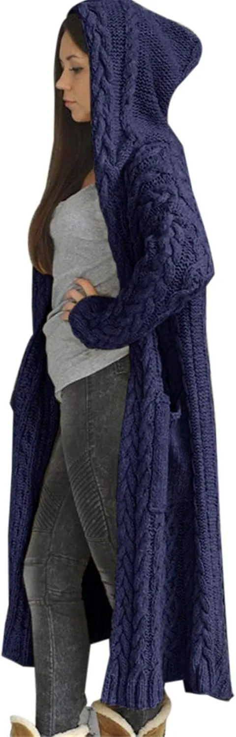 Cable Knit Long Sleeve Hooded Cardigan Sweaters for Women Chunky Open Front Fall Winter Oversized Casual Loose Outwear