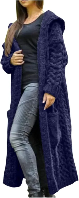 Cable Knit Long Sleeve Hooded Cardigan Sweaters for Women Chunky Open Front Fall Winter Oversized Casual Loose Outwear