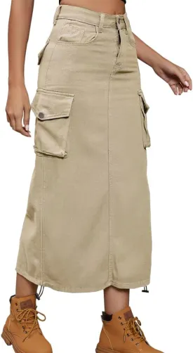Cargo Skirt Jean Adjustable Casual A-Line Midi Long Denim Skirt