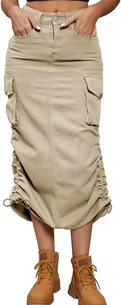 Cargo Skirt Jean Adjustable Casual A-Line Midi Long Denim Skirt