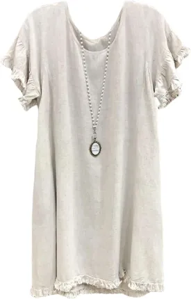 CHARTOU Women Loose Linen Mini Dress Summer Modest Frayed T Shirt Dress Flowy Ruffle Short Sleeve Shift Dress Pocket