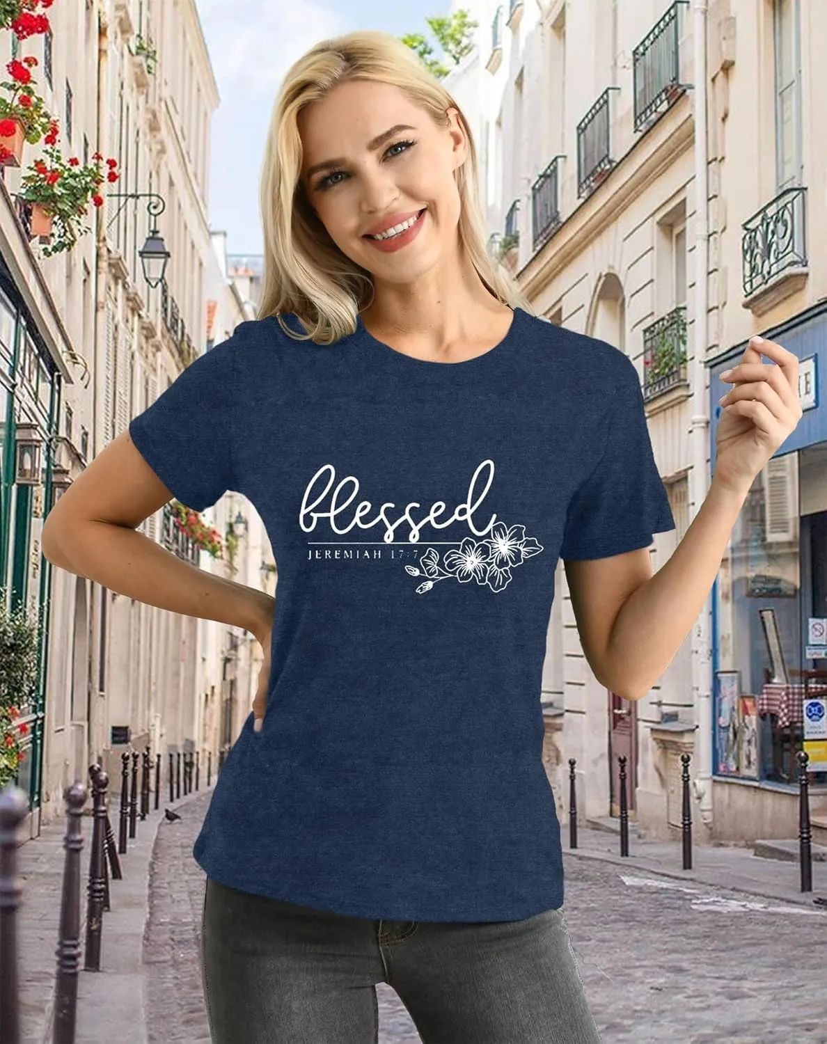 Christian Shirt for Women Blessed Letter Print Bible Verse T-Shirt Retro Faith Short Sleeve