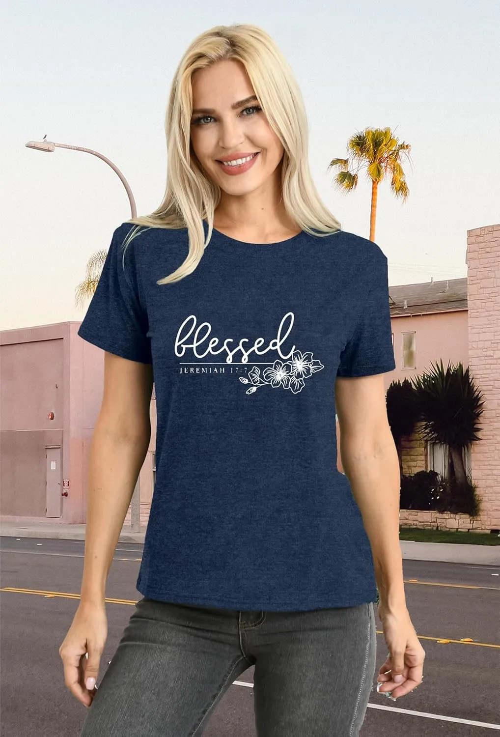 Christian Shirt for Women Blessed Letter Print Bible Verse T-Shirt Retro Faith Short Sleeve