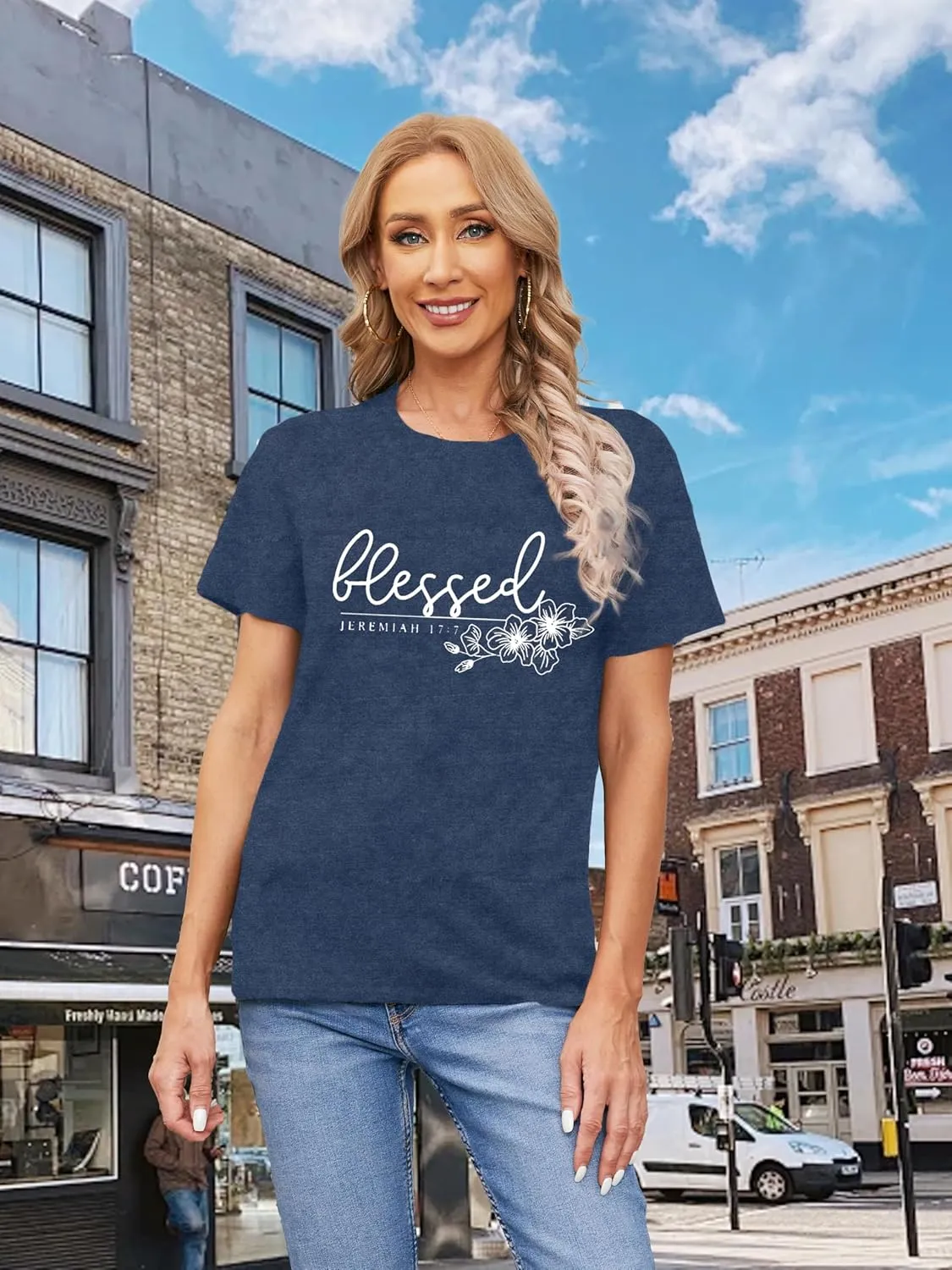 Christian Shirt for Women Blessed Letter Print Bible Verse T-Shirt Retro Faith Short Sleeve