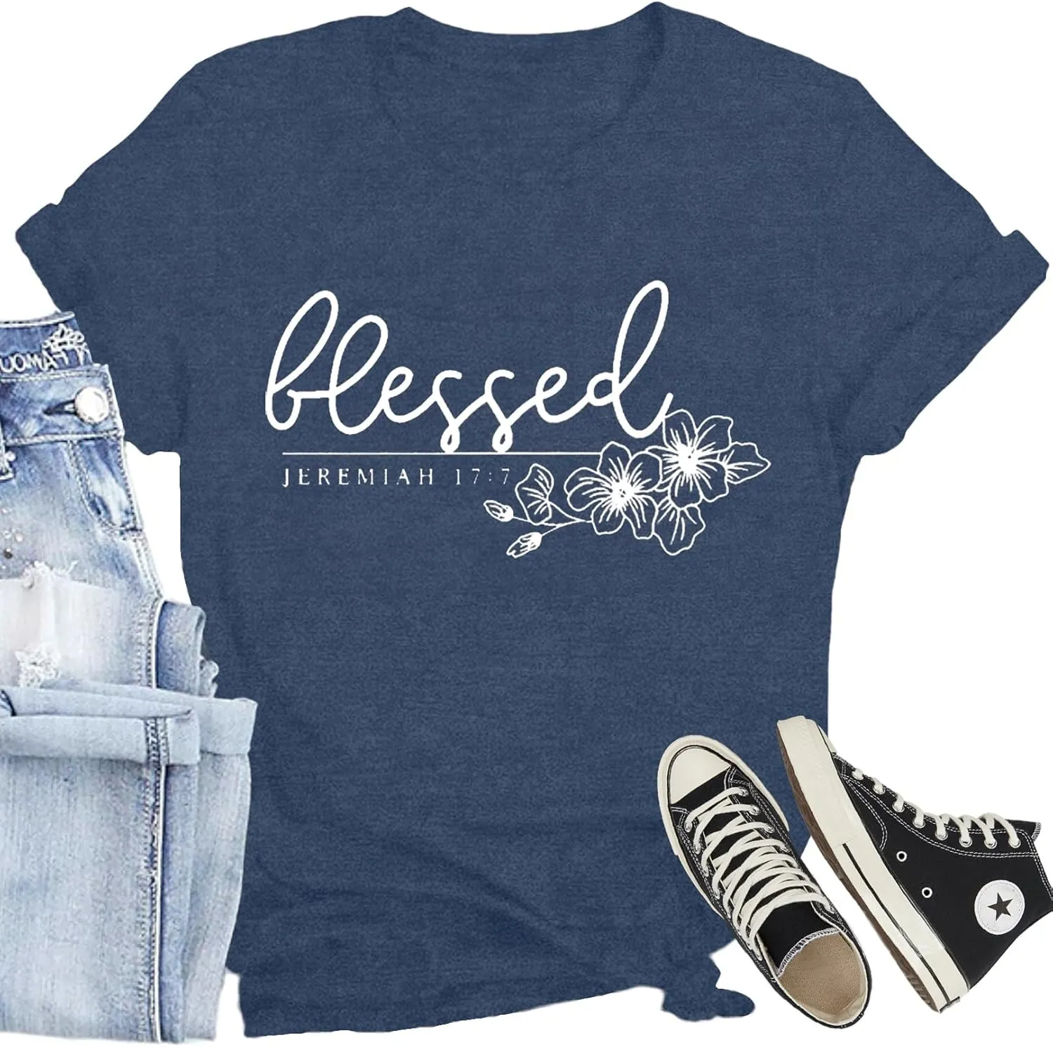 Christian Shirt for Women Blessed Letter Print Bible Verse T-Shirt Retro Faith Short Sleeve