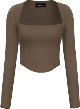 CIDER Square Neck Solid Long Sleeve Top