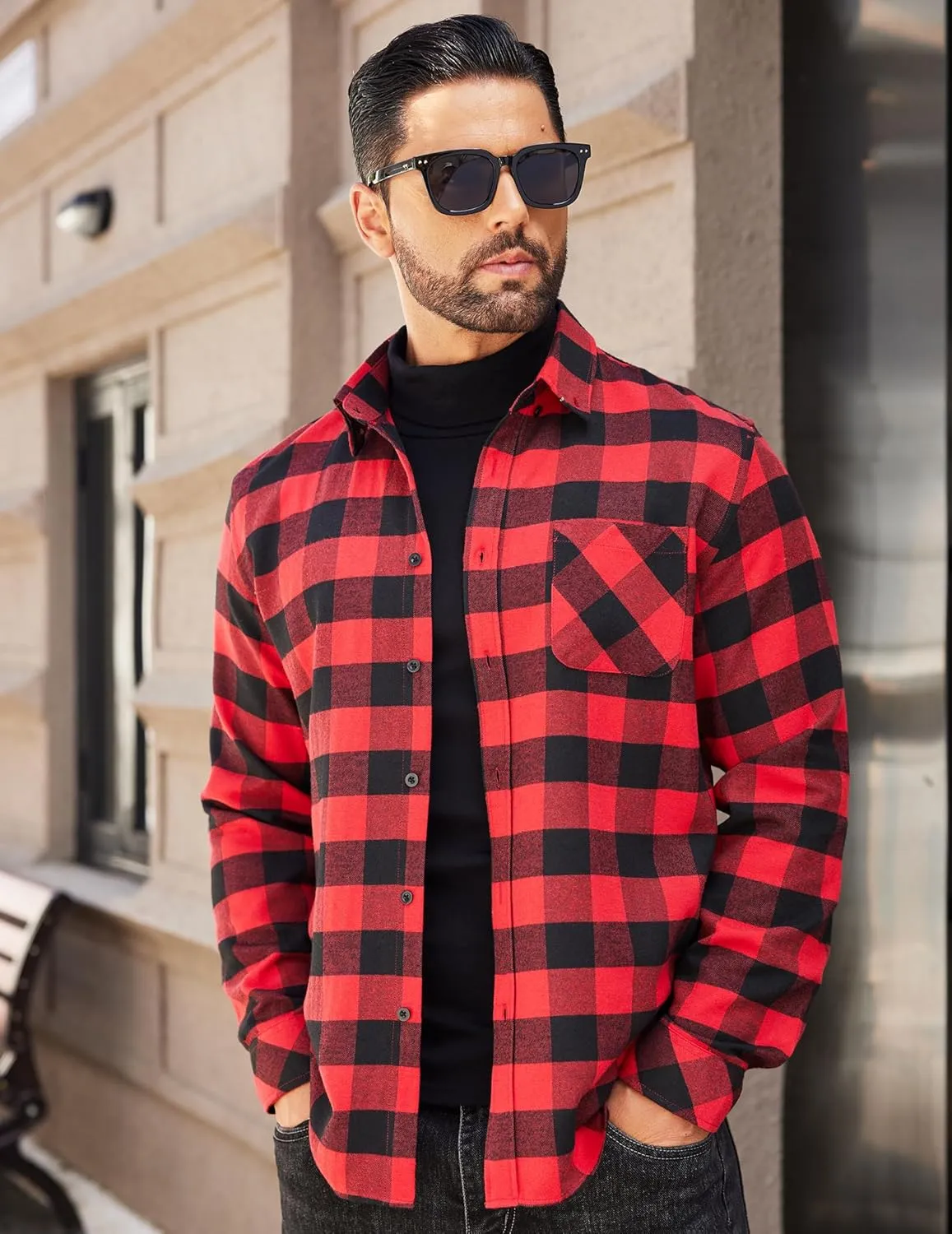 COOFANDY Men's Flannel Plaid Shirt Long Sleeve Button Down Shirt Cotton Casual Lightweight Shirt Jacket