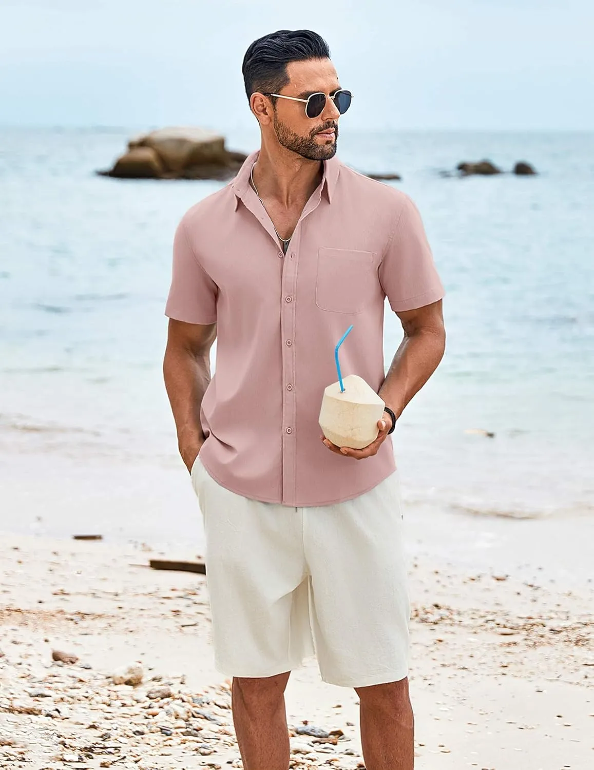 COOFANDY Shirts for Men Short Sleeve Button Down Shirt Casual Summer Beach Shirt