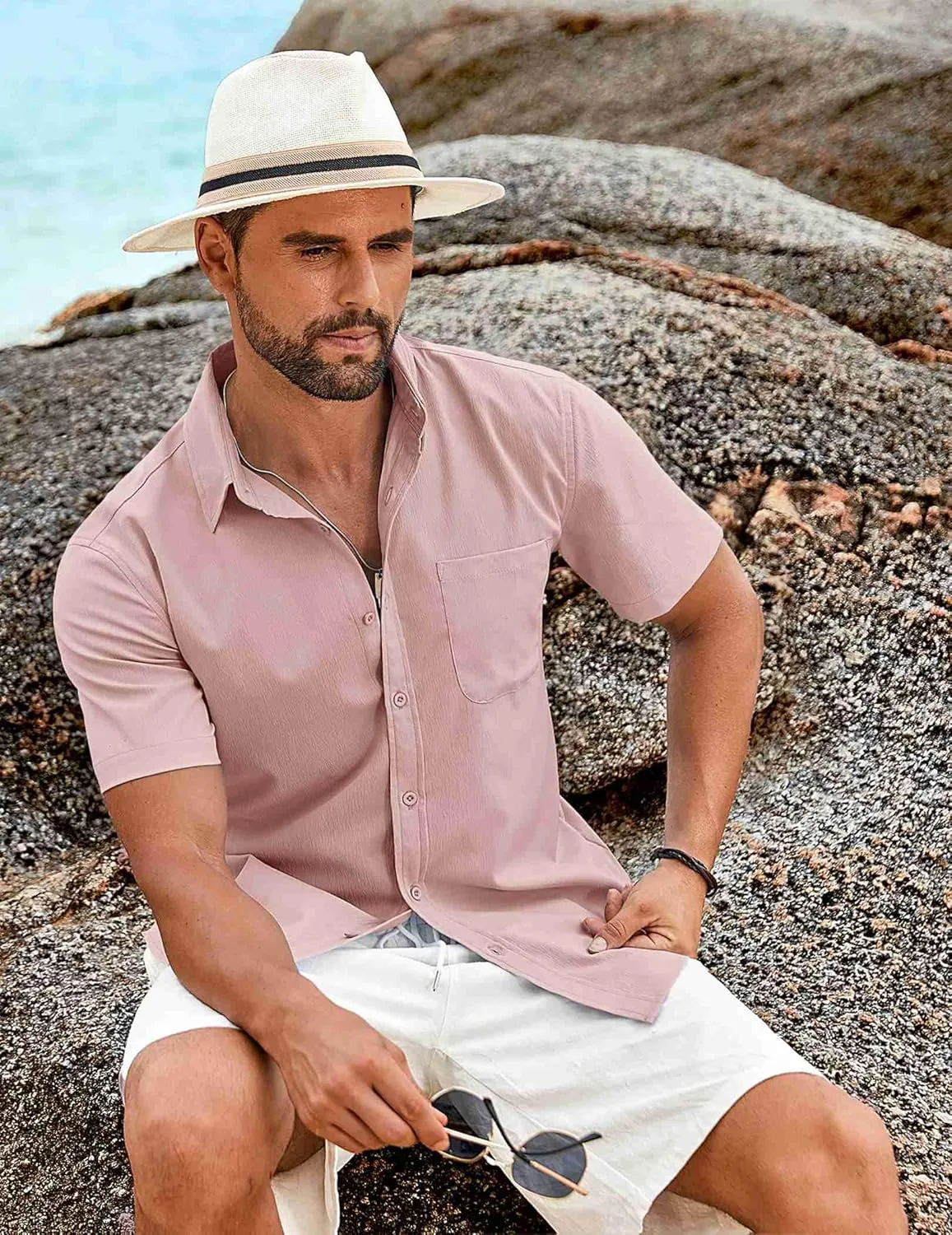 COOFANDY Shirts for Men Short Sleeve Button Down Shirt Casual Summer Beach Shirt