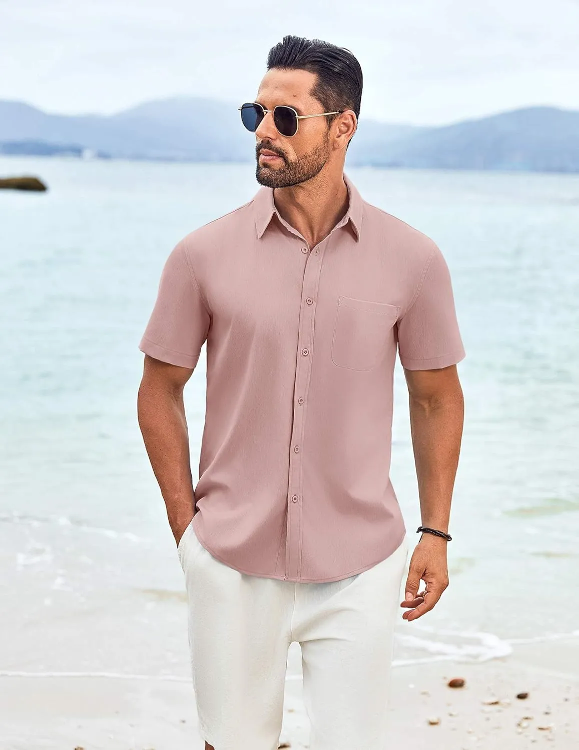 COOFANDY Shirts for Men Short Sleeve Button Down Shirt Casual Summer Beach Shirt