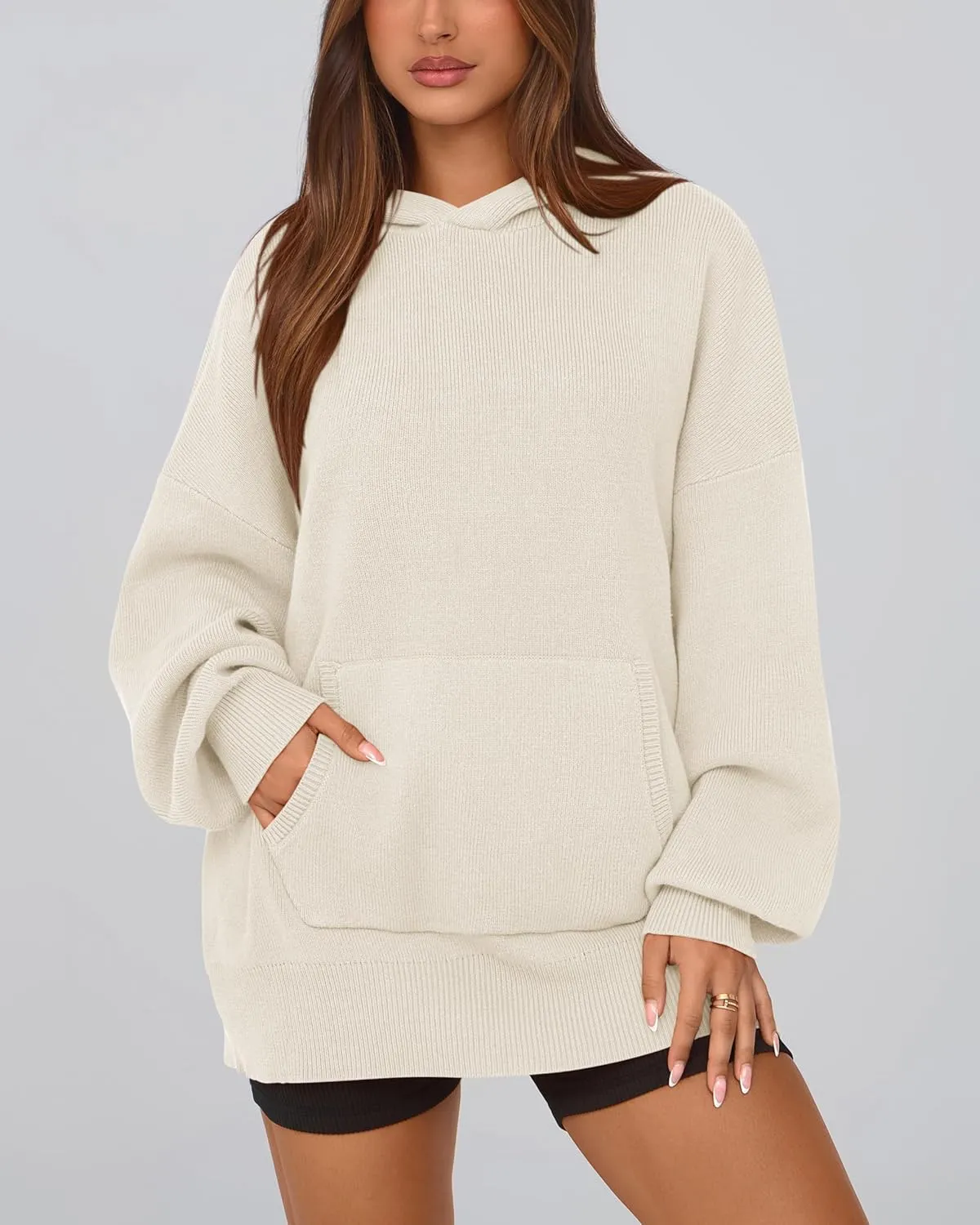 dowerme Women Oversized Sweaters 2025 Lantern Long Sleeve Drop Shoulder Chunky Knit Hooded Pullover Sweater with Pocket