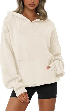 dowerme Women Oversized Sweaters 2025 Lantern Long Sleeve Drop Shoulder Chunky Knit Hooded Pullover Sweater with Pocket