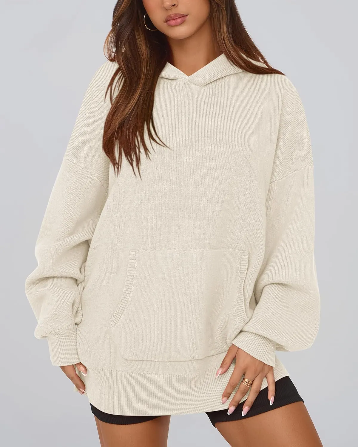 dowerme Women Oversized Sweaters 2025 Lantern Long Sleeve Drop Shoulder Chunky Knit Hooded Pullover Sweater with Pocket