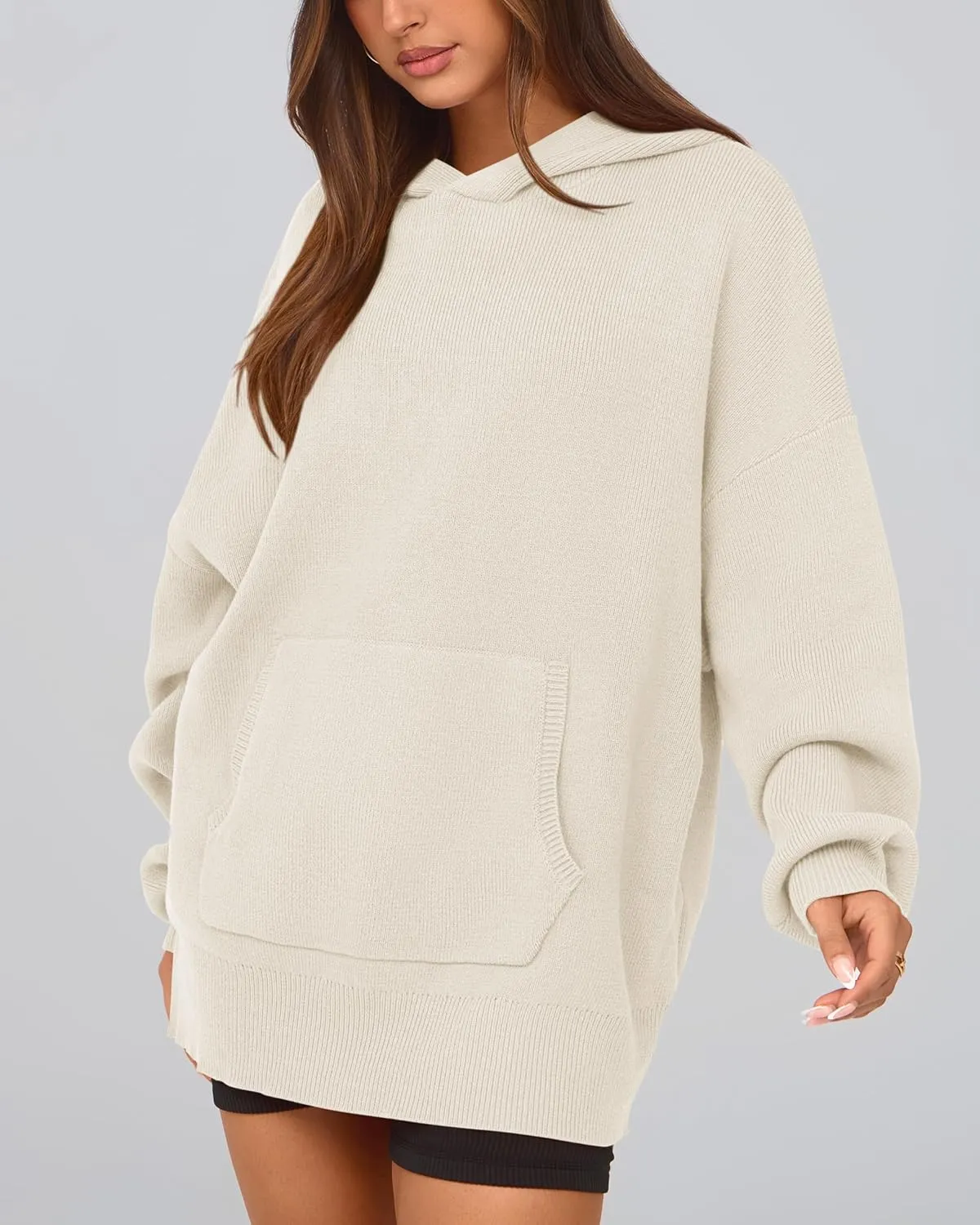 dowerme Women Oversized Sweaters 2025 Lantern Long Sleeve Drop Shoulder Chunky Knit Hooded Pullover Sweater with Pocket