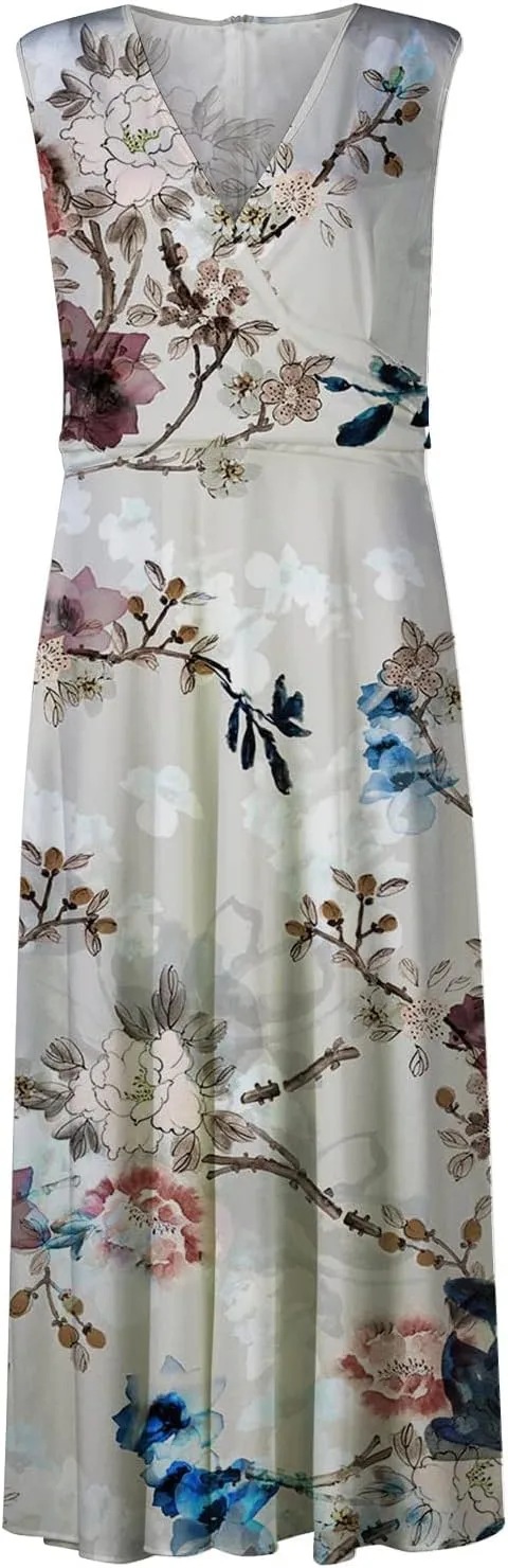 Dresses for Women 2024 Flowy Ruched Wrap V Neck Boho Dress Floral Print Sleeveless Maxi Dress Flowy Beach Dresses