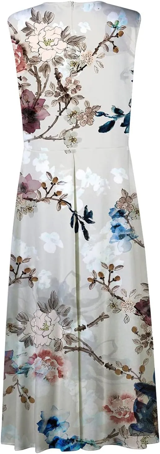 Dresses for Women 2024 Flowy Ruched Wrap V Neck Boho Dress Floral Print Sleeveless Maxi Dress Flowy Beach Dresses
