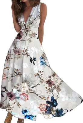 Dresses for Women 2024 Flowy Ruched Wrap V Neck Boho Dress Floral Print Sleeveless Maxi Dress Flowy Beach Dresses