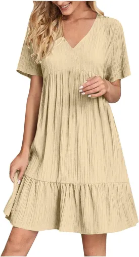 Dresses Women Summer 2025 Vacation Short Sleeve Mini Tshirt Dress Beach Smocked A Line Flutter Boho Sundress Outfit
