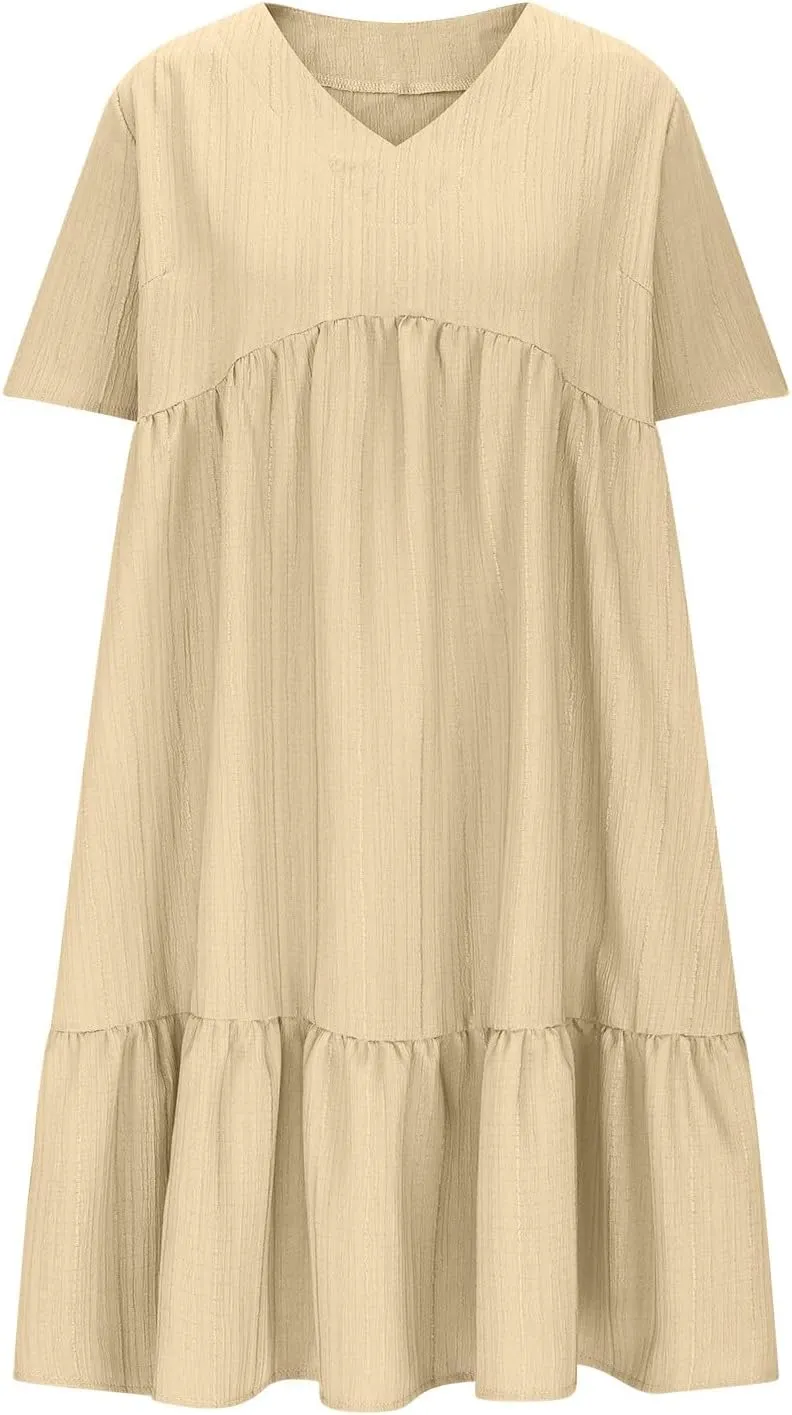 Dresses Women Summer 2025 Vacation Short Sleeve Mini Tshirt Dress Beach Smocked A Line Flutter Boho Sundress Outfit