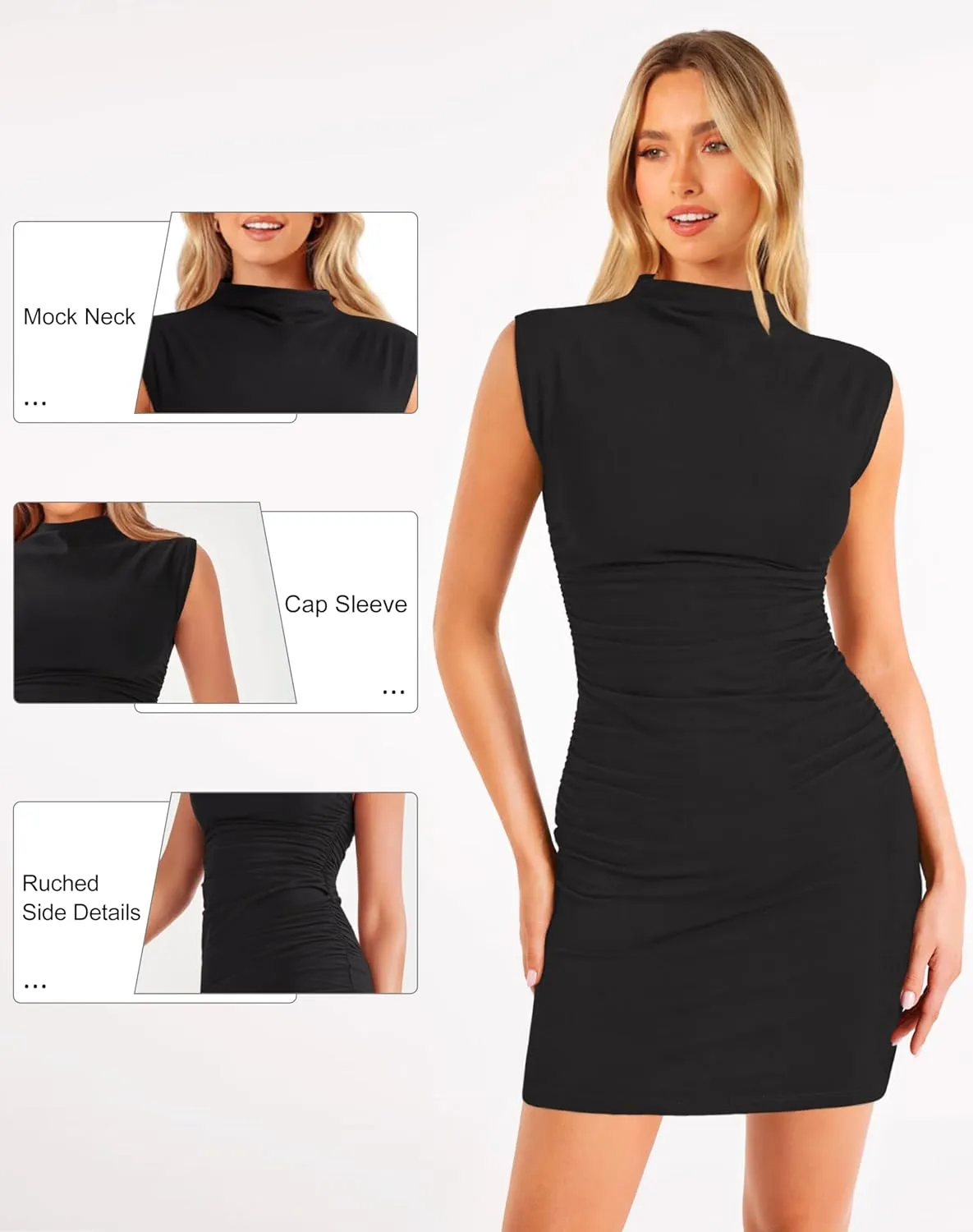 Ellakoko 2025 Women Summer Mini Dress Bodycon Ruched Mock Neck Sleeveless Work Formal Cocktail Party Wedding Guest Dress