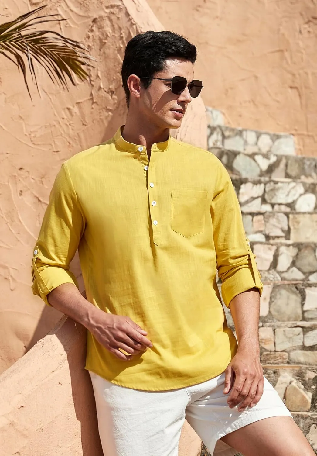 Enlision Mens Cotton Linen Henley Shirts Long Sleeve Casual Shirt Summer Beach Hippie T-Shirt Band Collar Shirt & Pocket