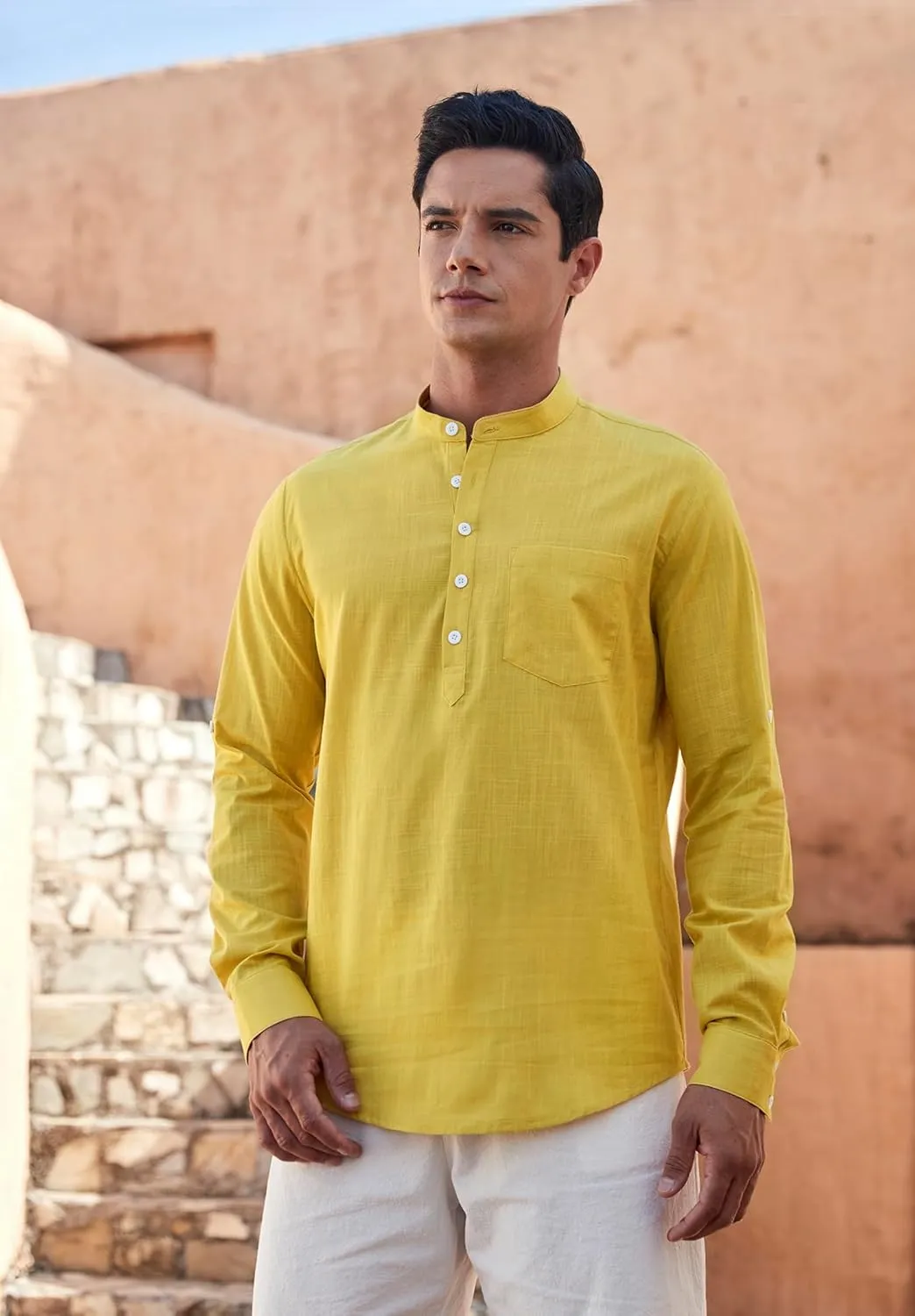 Enlision Mens Cotton Linen Henley Shirts Long Sleeve Casual Shirt Summer Beach Hippie T-Shirt Band Collar Shirt & Pocket