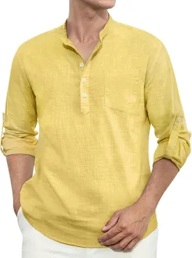 Enlision Mens Cotton Linen Henley Shirts Long Sleeve Casual Shirt Summer Beach Hippie T-Shirt Band Collar Shirt & Pocket