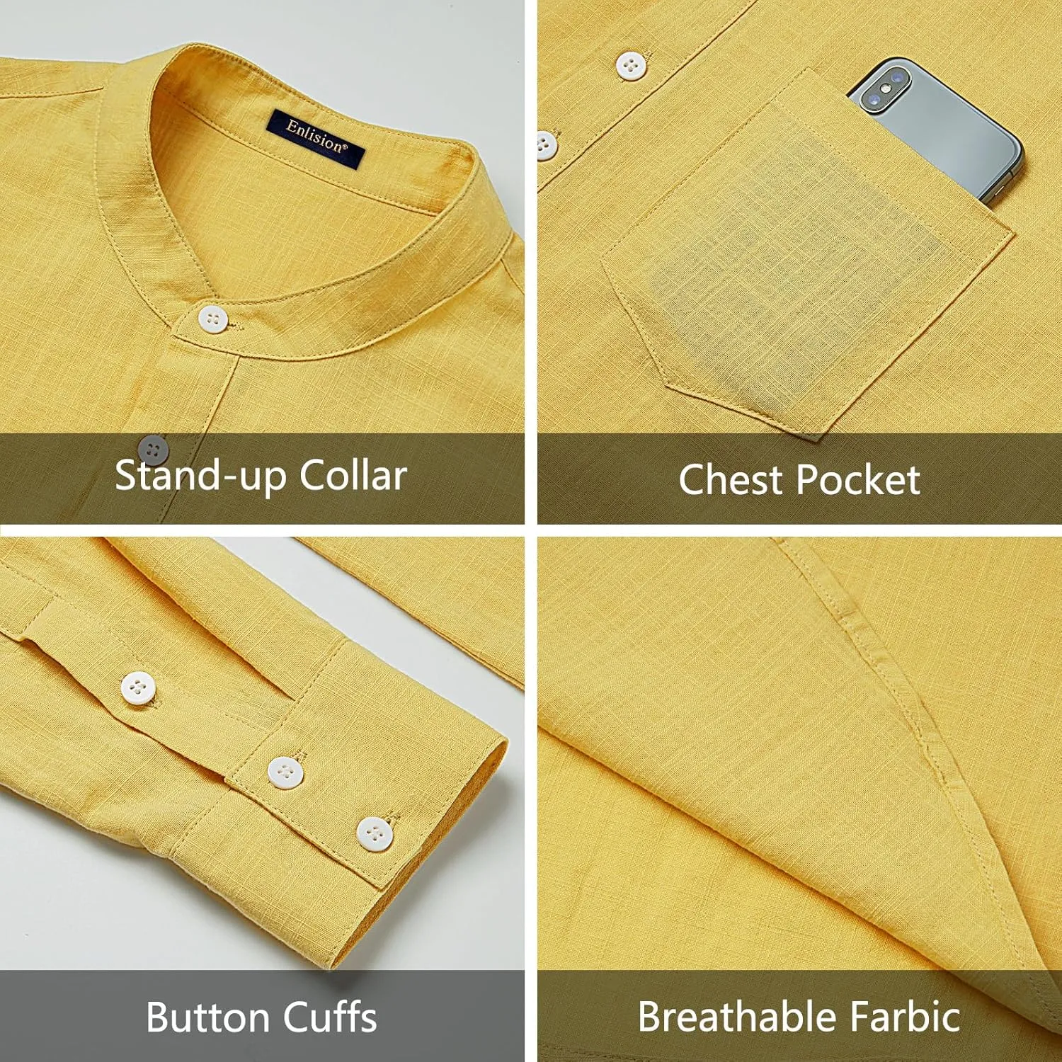 Enlision Mens Cotton Linen Henley Shirts Long Sleeve Casual Shirt Summer Beach Hippie T-Shirt Band Collar Shirt & Pocket