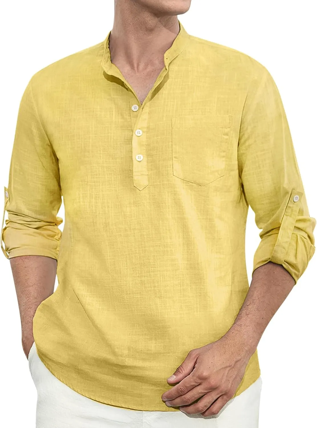 Enlision Mens Cotton Linen Henley Shirts Long Sleeve Casual Shirt Summer Beach Hippie T-Shirt Band Collar Shirt & Pocket