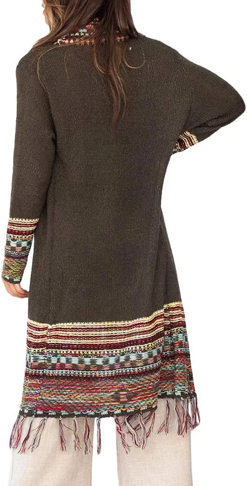 FERBIA Women Boho Cardigan Sweater Long Open Front Maxi Knit Sweaters Aztec Tribal Tassel Fringe Thin Coat