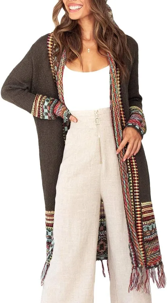 FERBIA Women Boho Cardigan Sweater Long Open Front Maxi Knit Sweaters Aztec Tribal Tassel Fringe Thin Coat