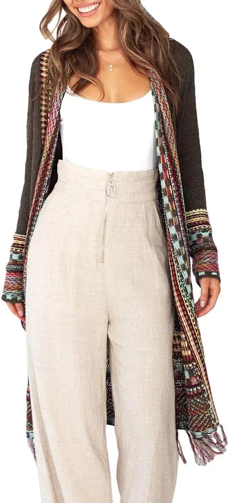FERBIA Women Boho Cardigan Sweater Long Open Front Maxi Knit Sweaters Aztec Tribal Tassel Fringe Thin Coat