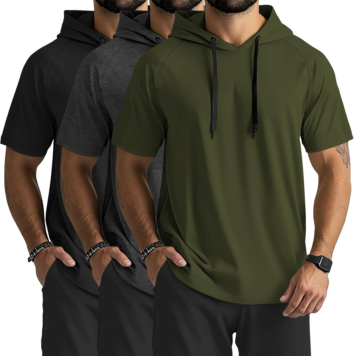 Ficerd 3 Pack Men's Short Sleeve Hoodie Dry Fit Workout Shirts Comfy Running Active Athletic Pullover Sweatshirt
