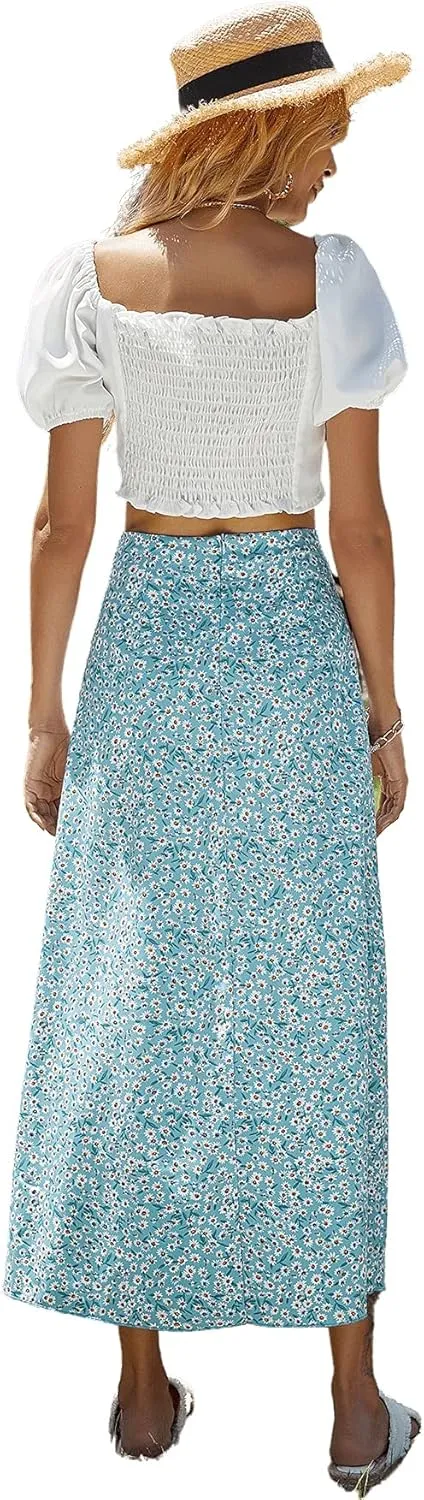 Floerns Women's Boho Floral High Waist Split A Line Midi Skirt