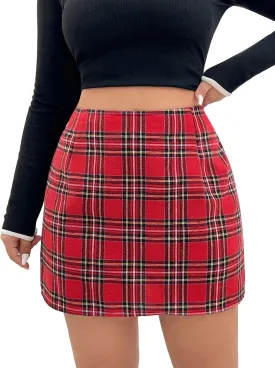 Floerns Women's Plaid High Waist Bodycon Split Mini Skirt