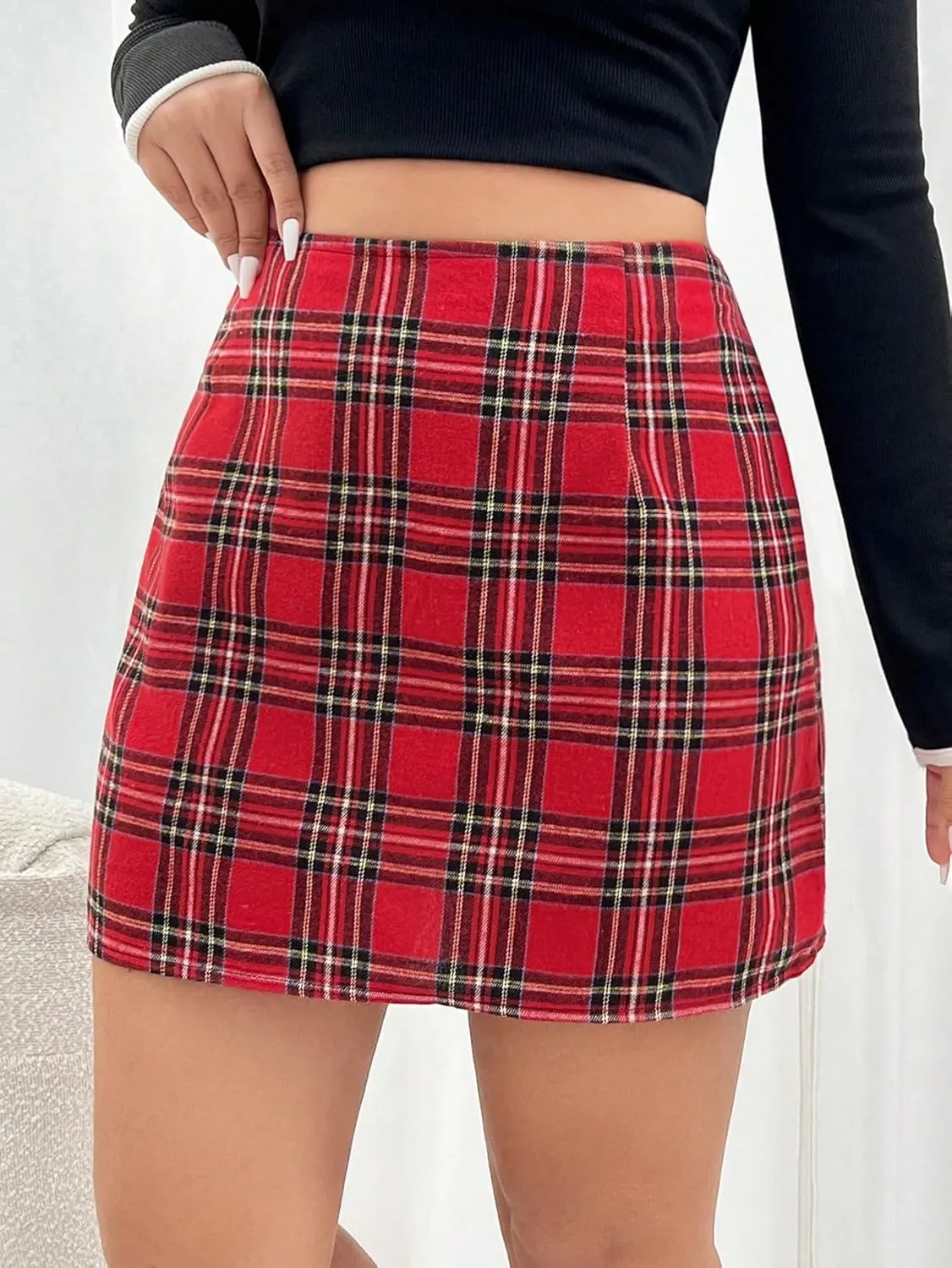 Floerns Women's Plaid High Waist Bodycon Split Mini Skirt
