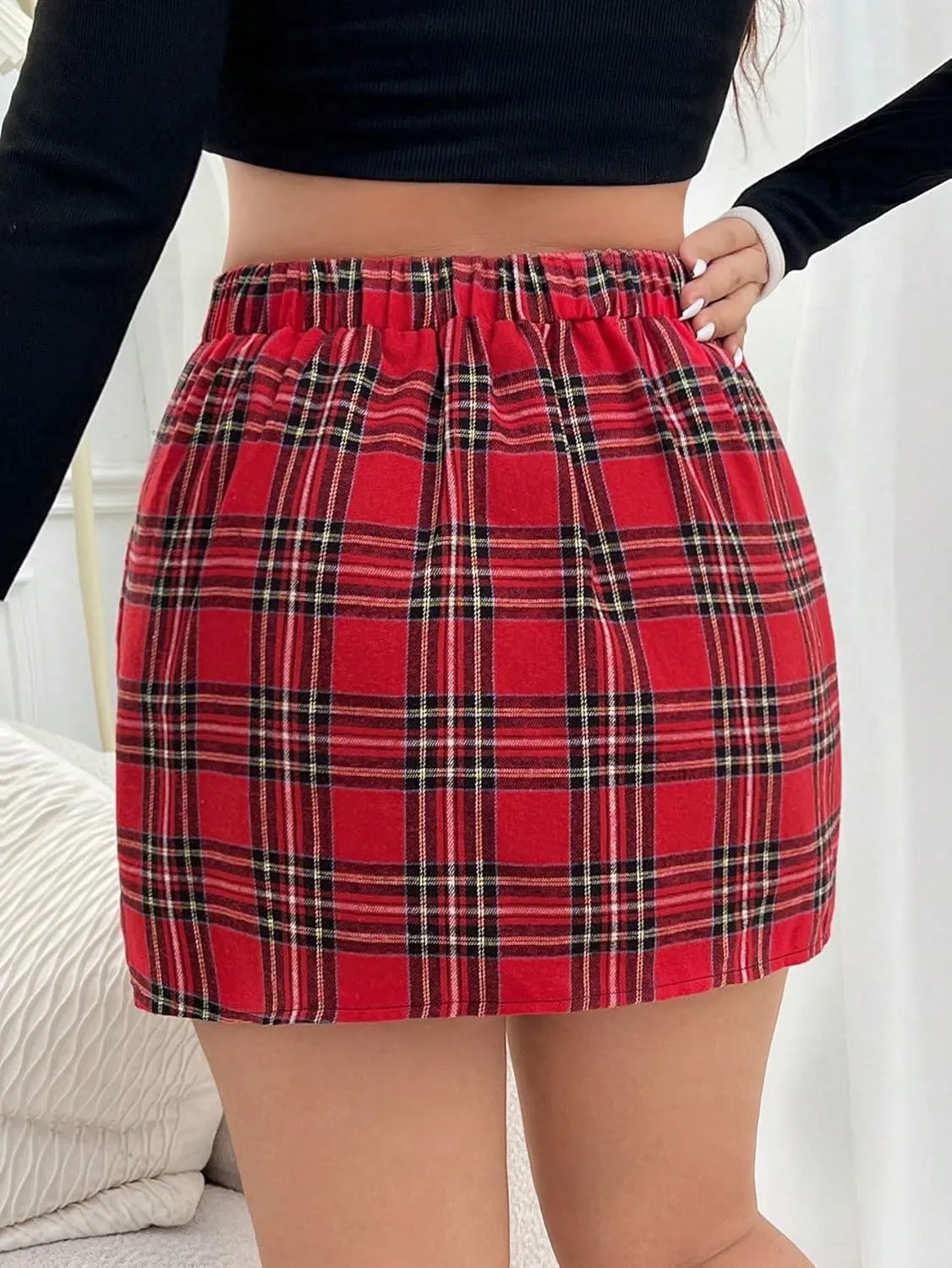 Floerns Women's Plaid High Waist Bodycon Split Mini Skirt