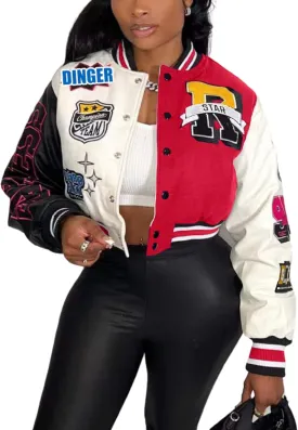 Glitrandi Varsity Jacket Women with Patches Print Cropped Bomber Leather Jacket Women 2025 S-XXL Glitrandi Varsity Jacket Women with Patches Print Cropped Bomber Leather Jacket Women 2025 S-XXL