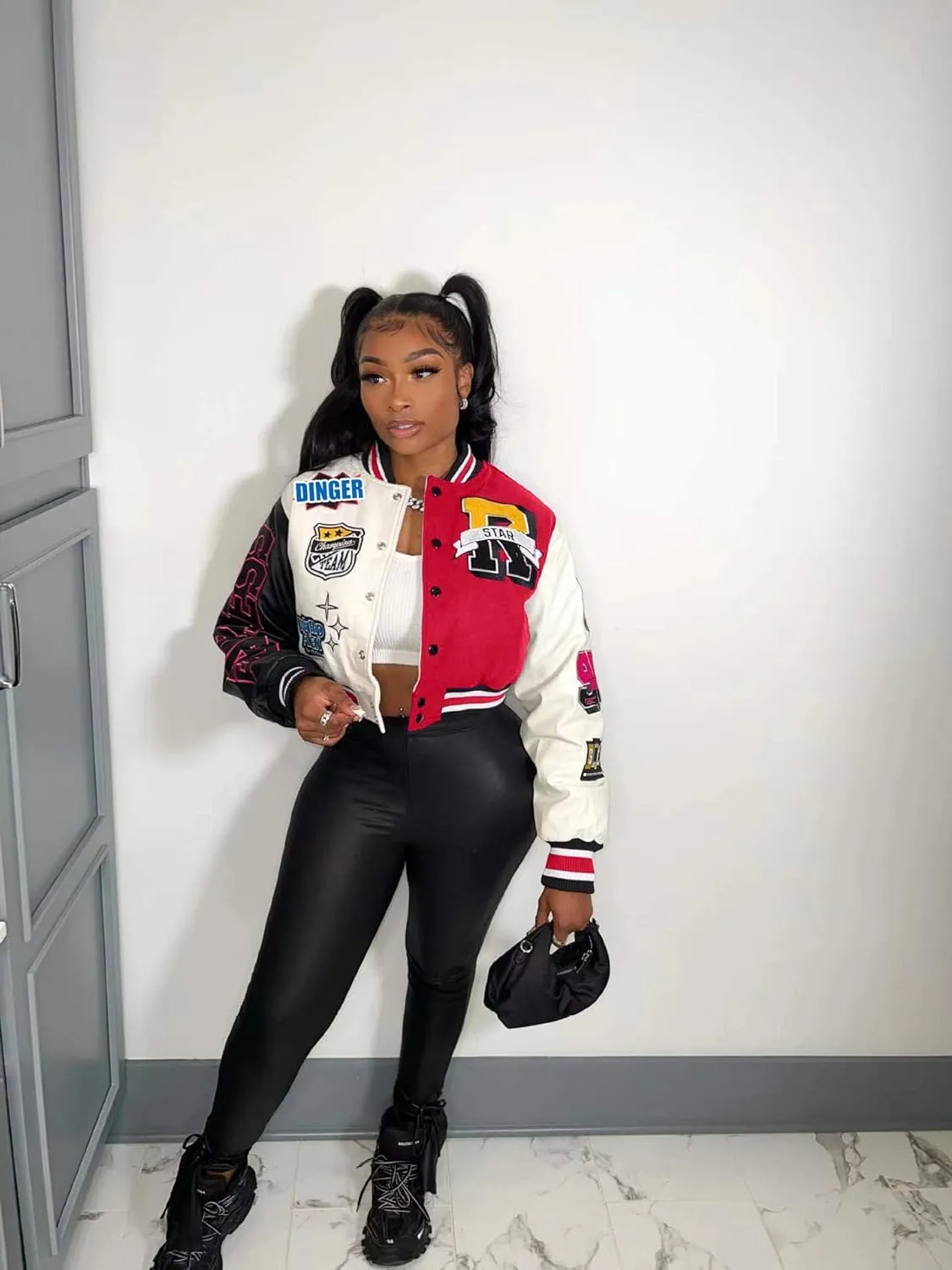 Glitrandi Varsity Jacket Women with Patches Print Cropped Bomber Leather Jacket Women 2025 S-XXL