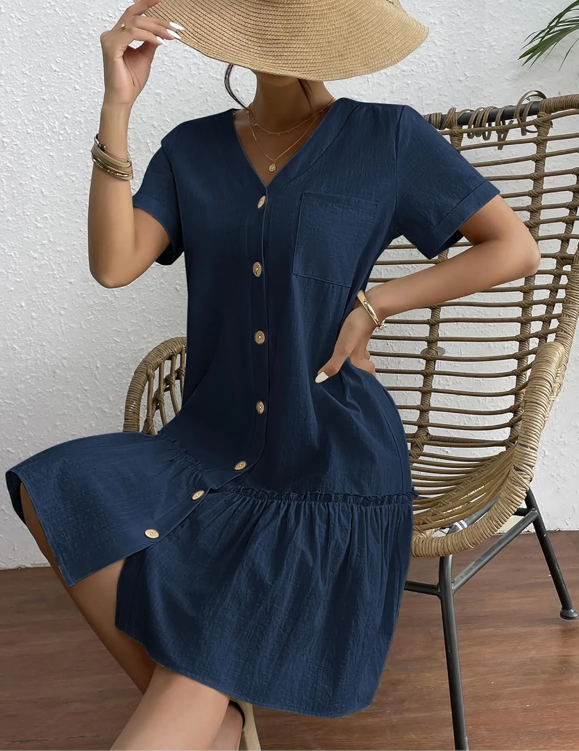 HOTOUCH Women Button Down Dress Loose Summer Cotton Linen Dress Ruffle Hem Casual Dress Short Sleeve Tunic Dress
