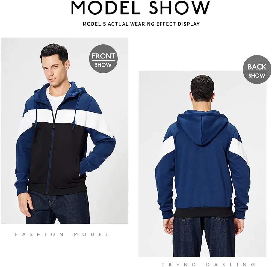 LBL Mens Slim Fit Long Sleeve Zip-up Fleece Hoodie Color Block Sweatshirt with Kangaroo Pocket