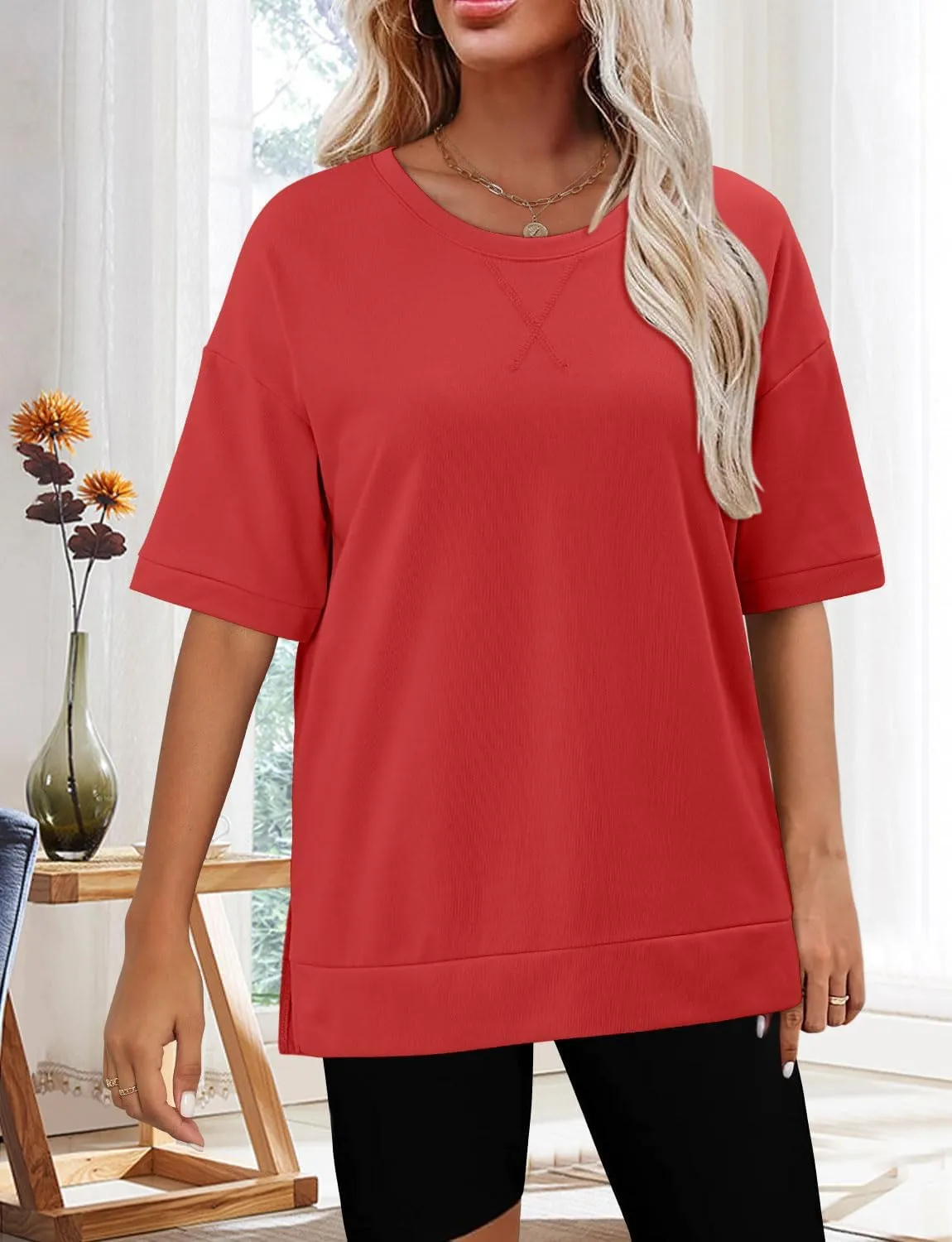 Magritta Womens Plus Size Tops Basic Clothes 2025 Side Slits Tshirts Workout Casual Outfits Short Sleeve Loungewear