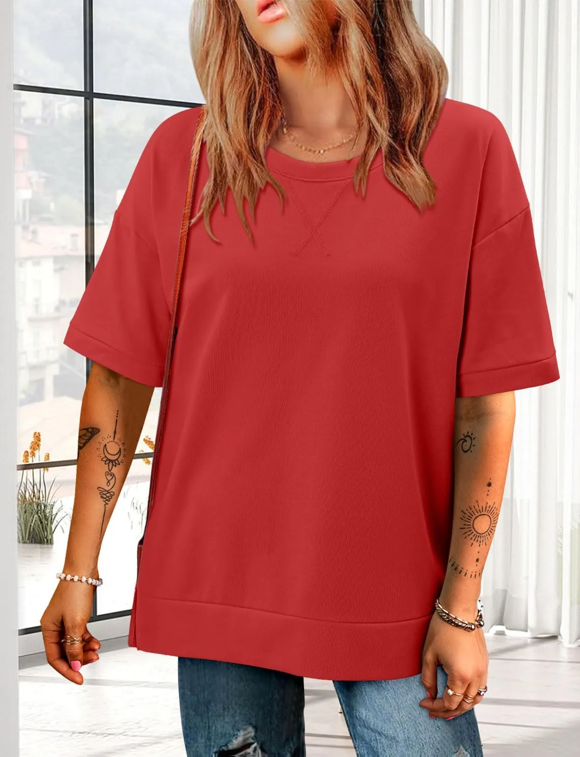 Magritta Womens Plus Size Tops Basic Clothes 2025 Side Slits Tshirts Workout Casual Outfits Short Sleeve Loungewear