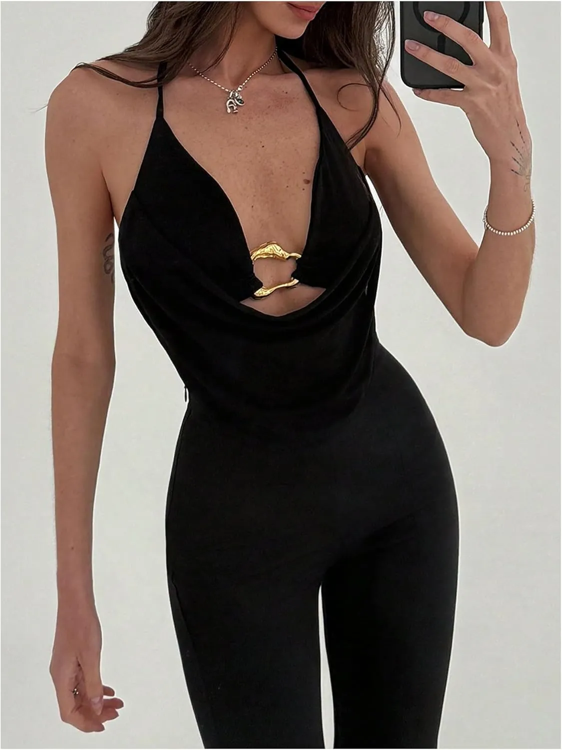 MakeMeChic Women's Sexy Deep V Neck Halter Top Backless Going Out Top Y2k Crop Tops