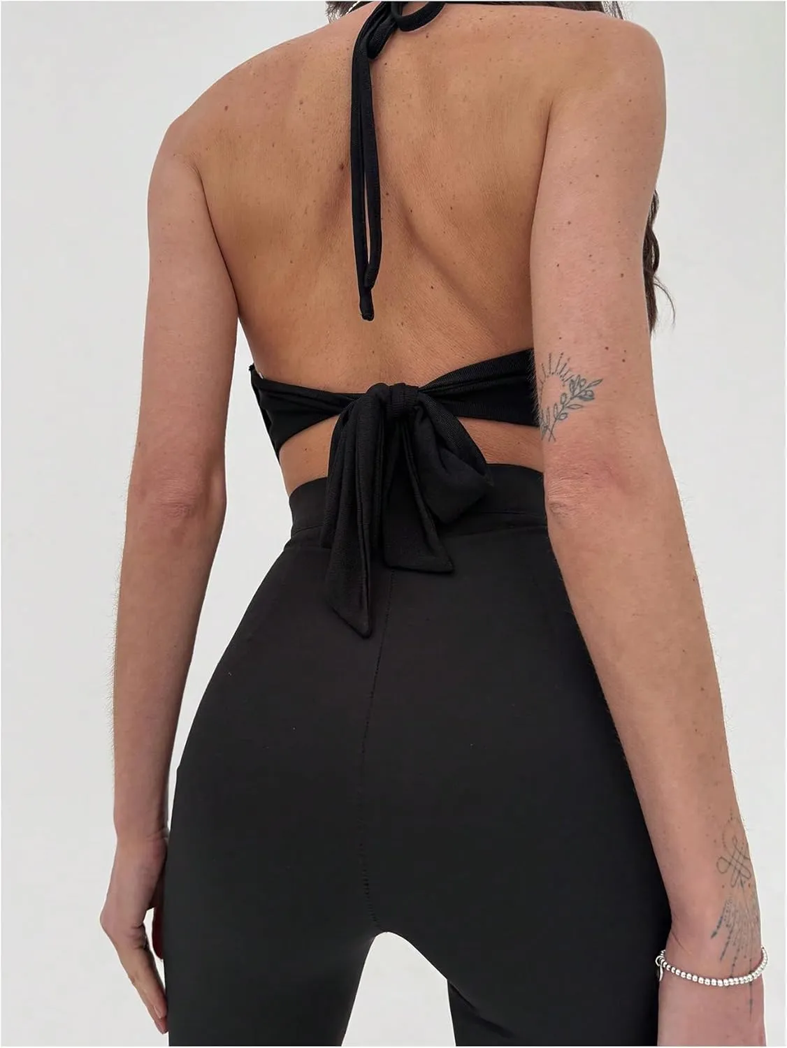 MakeMeChic Women's Sexy Deep V Neck Halter Top Backless Going Out Top Y2k Crop Tops