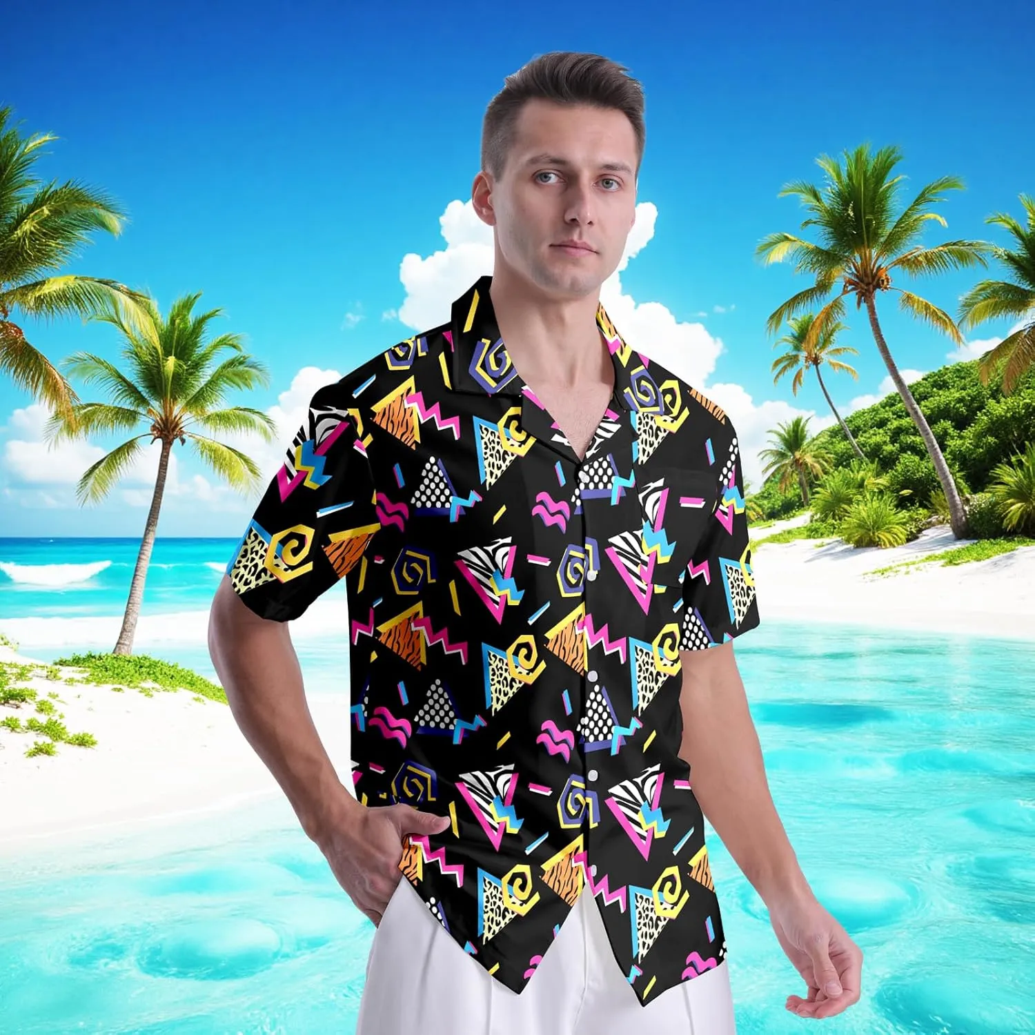 Men's Hawaiian Shirt Cuban Collar Casual Button Down Short Sleeve Printed Shirt